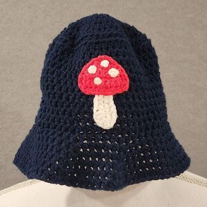 Knit‎ Mushroom Hat Navy Blue Red White Child or Small Adult - approx 6" Diameter